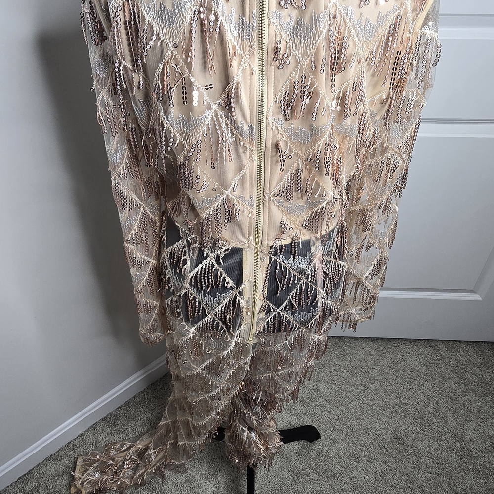 PrettyLittleThing Rose Gold Tassel Sequin Plunge Jumpsuit Sheer US 10 - Picture 8 of 8